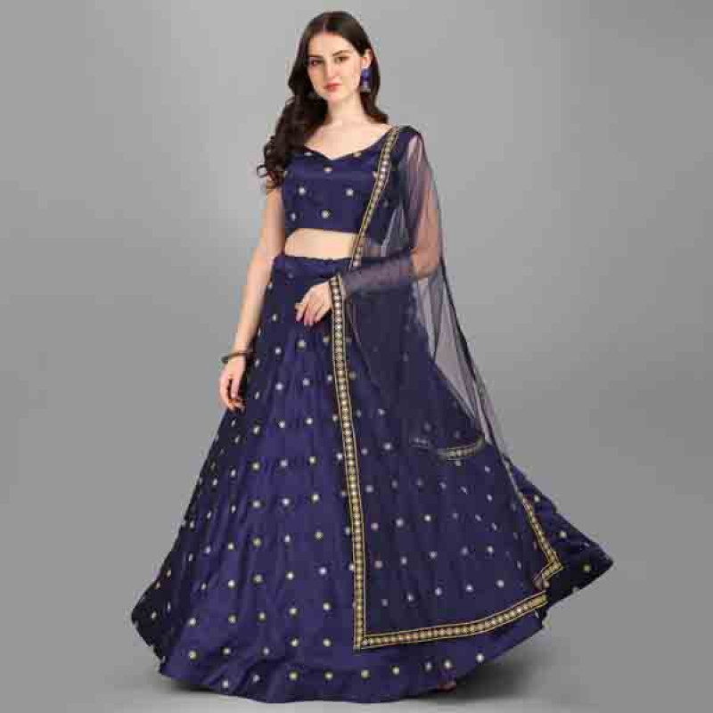 Navy Blue Embroidered Semi-Stitched Lehenga Choli Set With Dupatta