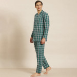 Men Green & White Checked Cotton Night suit