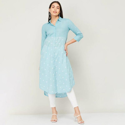 Blue & White Shirt Collar Polka Dots Printed Tunic