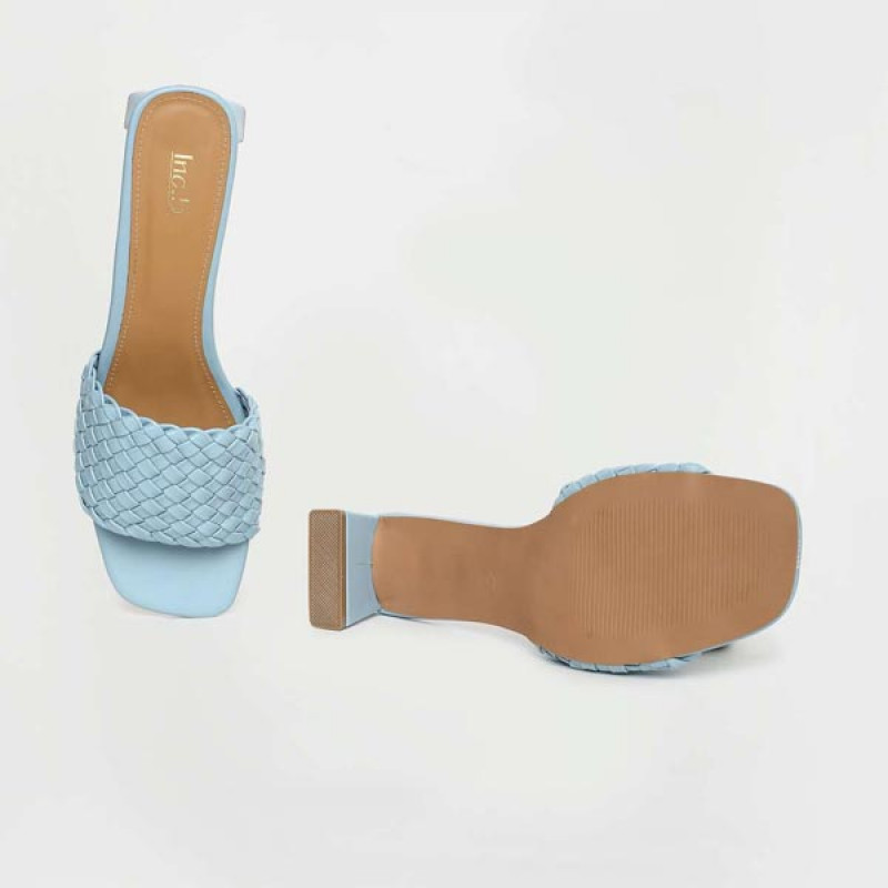 Women Blue Basket Weave Block Heel Sandals