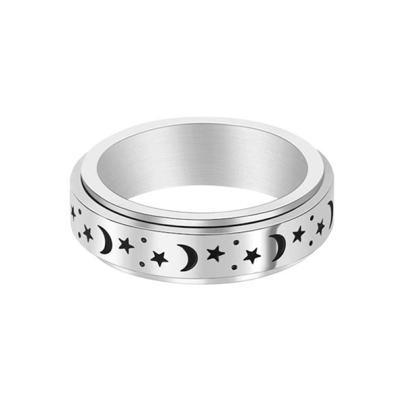 Woman Silver Moon Star Symbols Spinner Ring